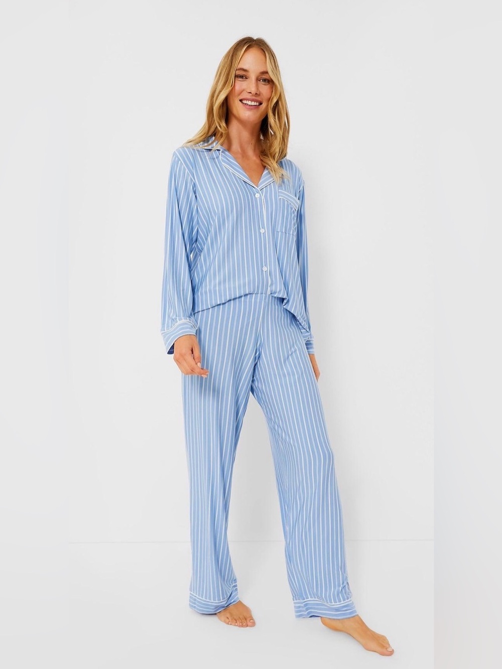 Eberjey Gisele Printed TENCEL Modal Long PJ Set Nordic Stripes Vista Blue Ivory